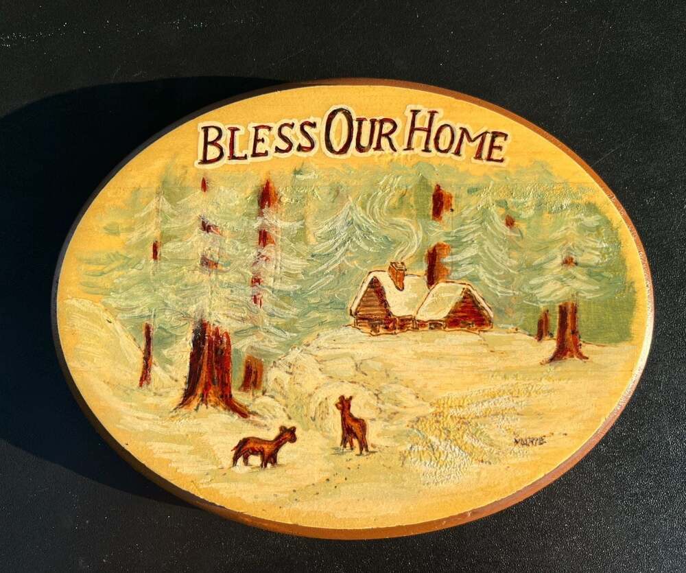 Vintage Hand-Painted Wooden Oval Wall Plaque Bless Our Home